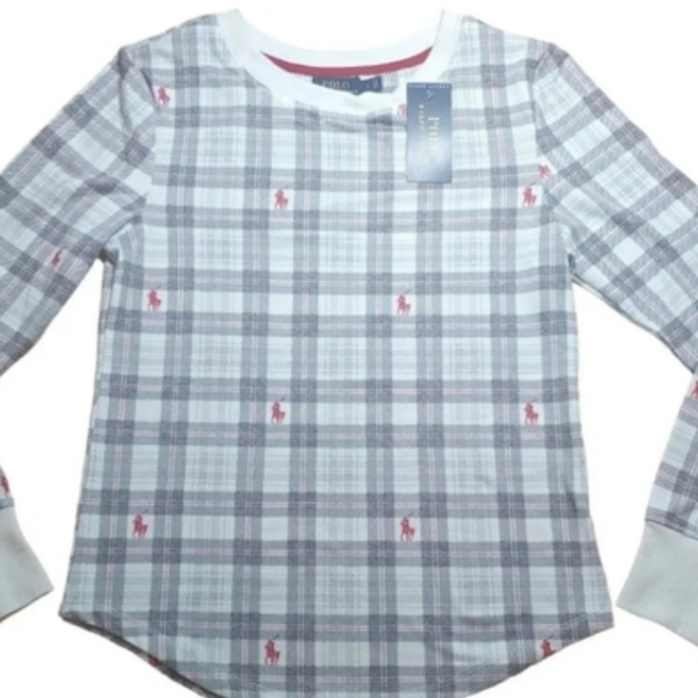 Polo Ralph Lauren Thermal Shirt Red Pony Logo Grey Plaid Round Hem Woman Sm New